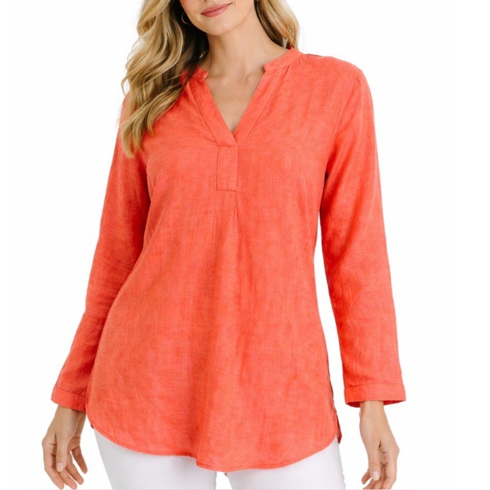 L.L. Bean Linen Tunic Top Orange Split V Neck Long Sleeve Hi Low 100% Linen XS